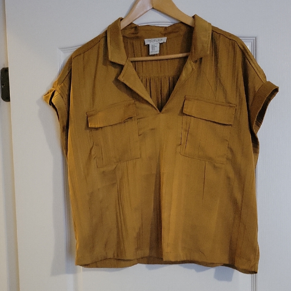 Rachel Zoe Satin Blouse Women’s Size L Short Sleeve Utility Pocket Top NWOT